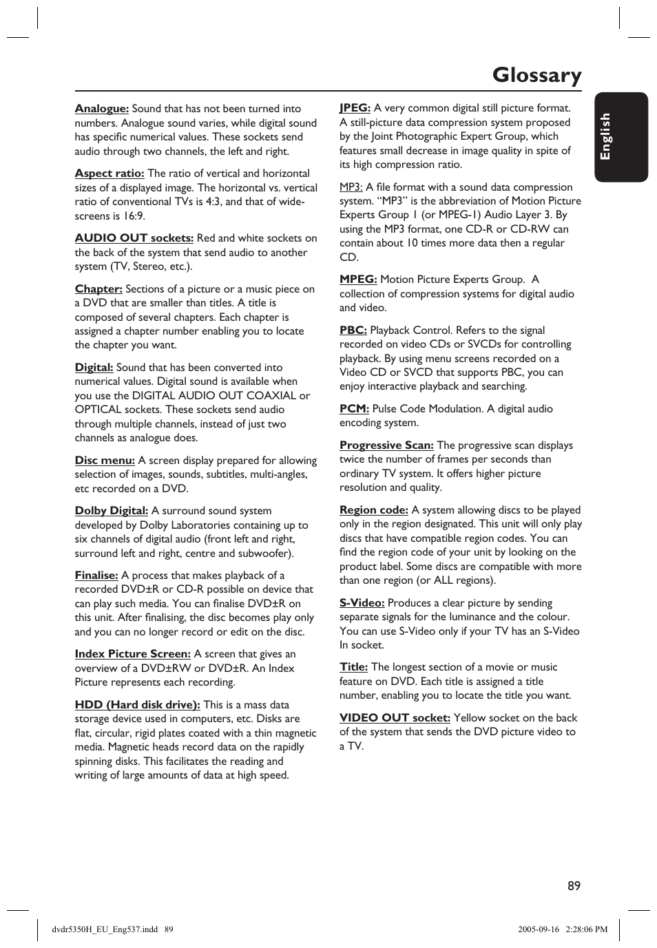Glossary | Philips DVDR5350H User Manual | Page 89 / 91