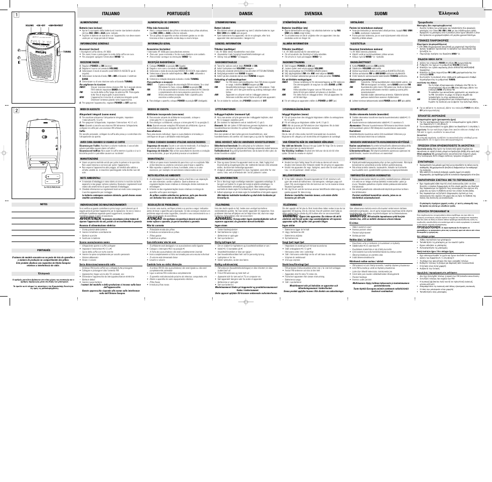 Power, Italiano, Portugués | Dansk, Svenska, Suomi, Έλληνικά | Philips AE6570/00 User Manual | Page 2 / 2