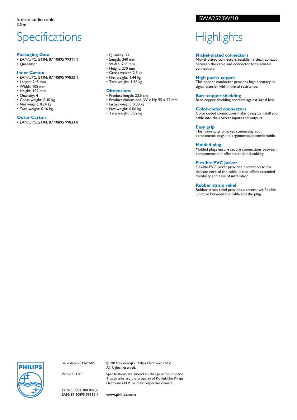 Specifications, Highlights | Philips SWA2523W User Manual | Page 2 / 2