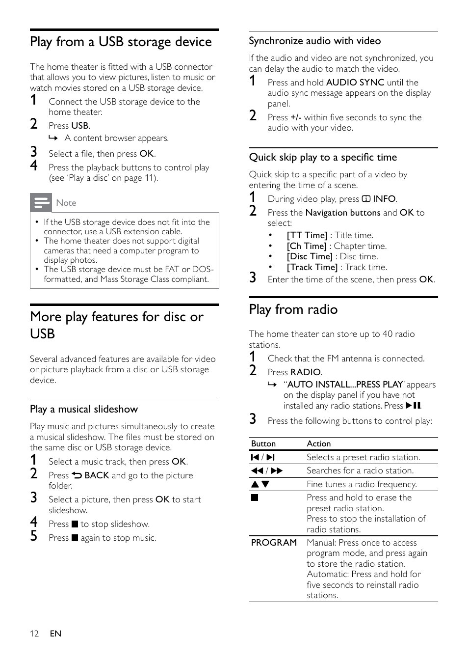 5 use your home theater, Before you start, Choose your sound | Play a disc, Change sound mode, Change surround sound mode, Play from a usb storage device, More play features for disc or usb, Play from radio | Philips HTS3510 User Manual | Page 12 / 22