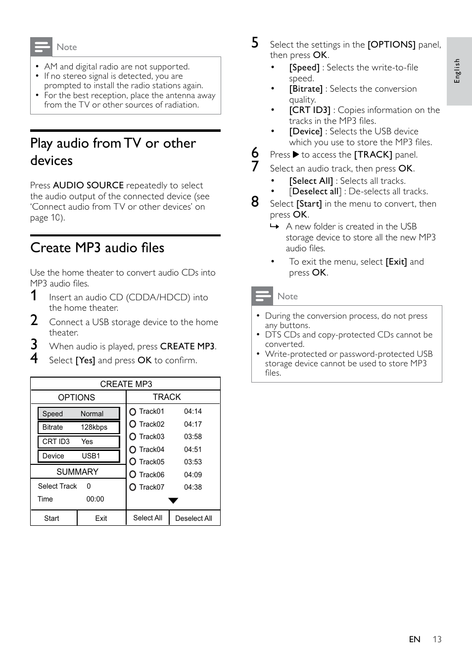 Use video options, Use picture options, Use audio options | Play audio from tv or other devices, Create mp3 audio files | Philips HTS3510 User Manual | Page 13 / 22