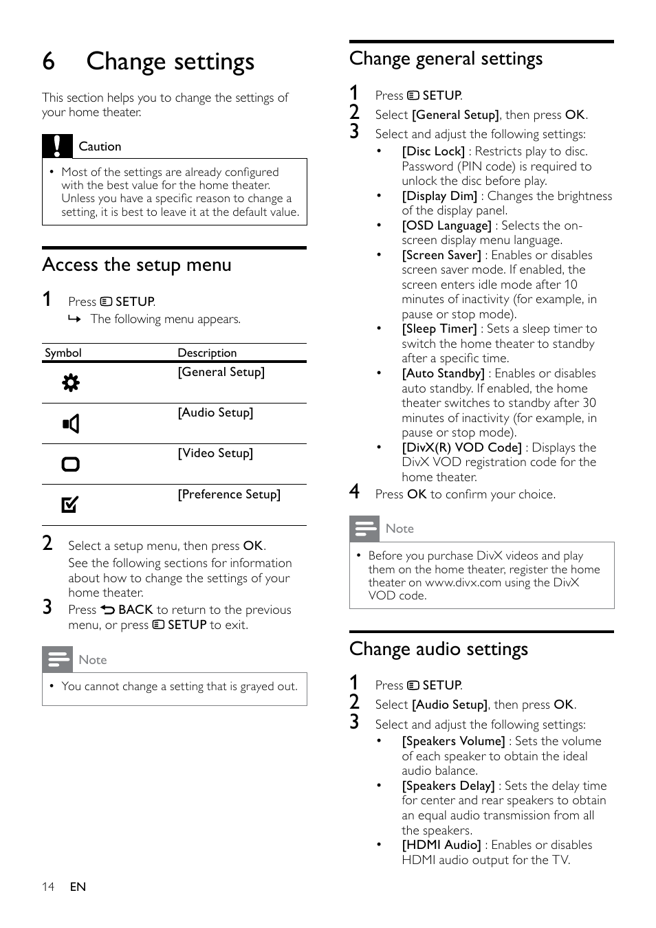 Play from a usb storage device, More play features for disc or usb, Play from radio | Play a musical slideshow, Synchronize audio with video, Quick skip play to a specific time, 6 change settings, Access the setup menu, Change general settings, Change audio settings | Philips HTS3510 User Manual | Page 14 / 22