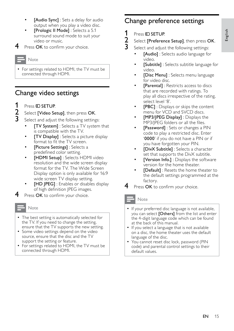 Play audio from tv or other devices, Create mp3 audio files, Change video settings | Change preference settings | Philips HTS3510 User Manual | Page 15 / 22