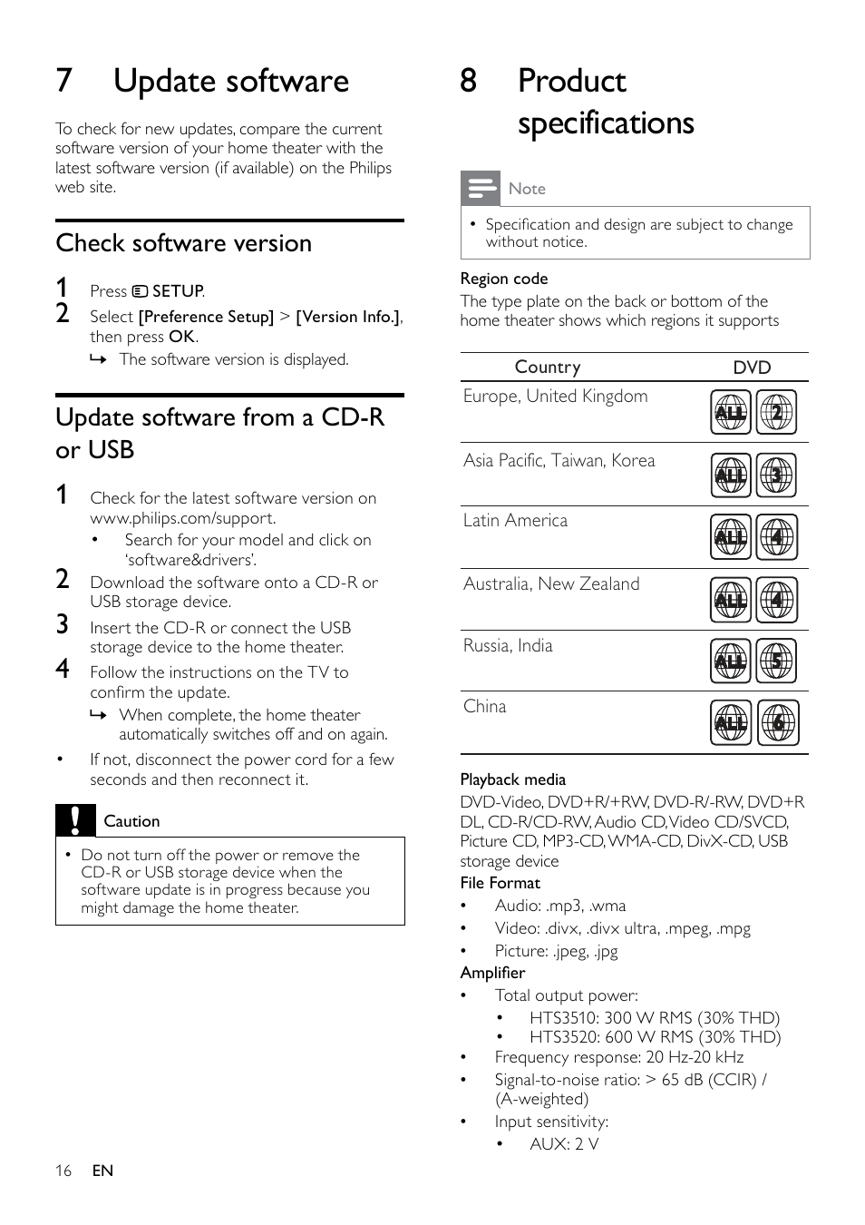 6 change settings, Access the setup menu, Change general settings | Change audio settings, 8 product specifications, 7 update software, Check software version, Update software from a cd-r or usb | Philips HTS3510 User Manual | Page 16 / 22