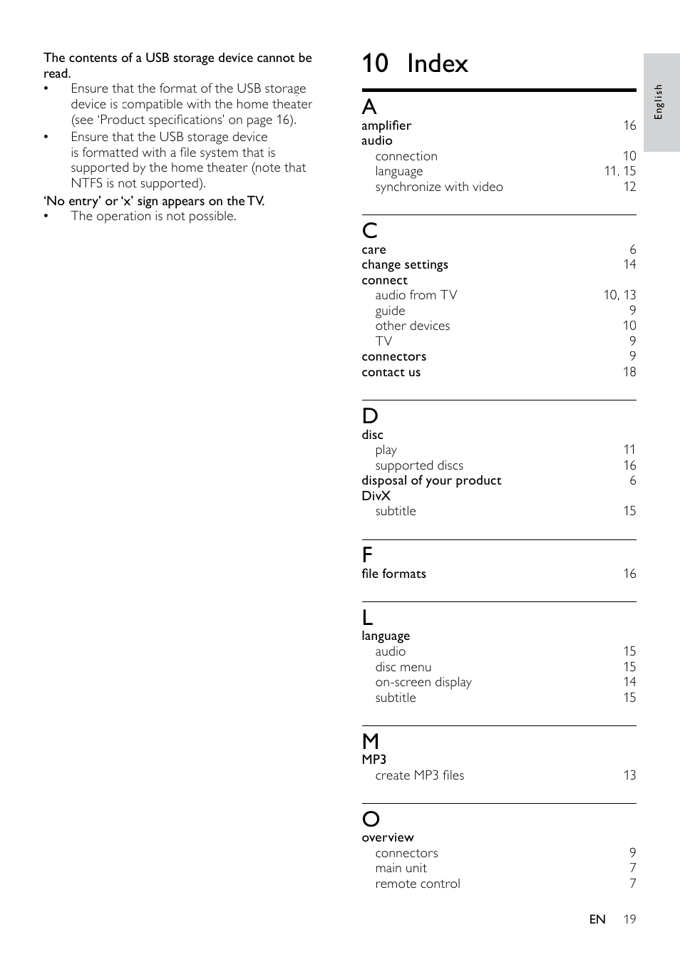 7 update software, Check software version, Update software from a cd-r or usb | 10 index | Philips HTS3510 User Manual | Page 19 / 22