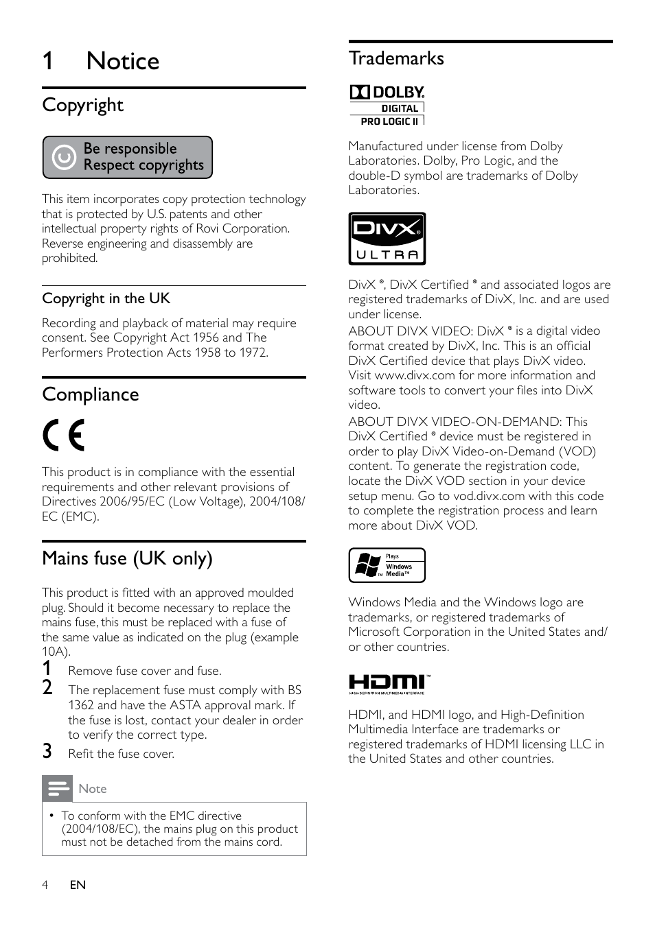 1 notice, Copyright, Compliance | Mains fuse (uk only), Trademarks, Copyright in the uk | Philips HTS3510 User Manual | Page 4 / 22