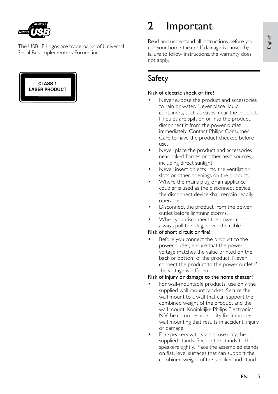 2 important, Safety | Philips HTS3510 User Manual | Page 5 / 22