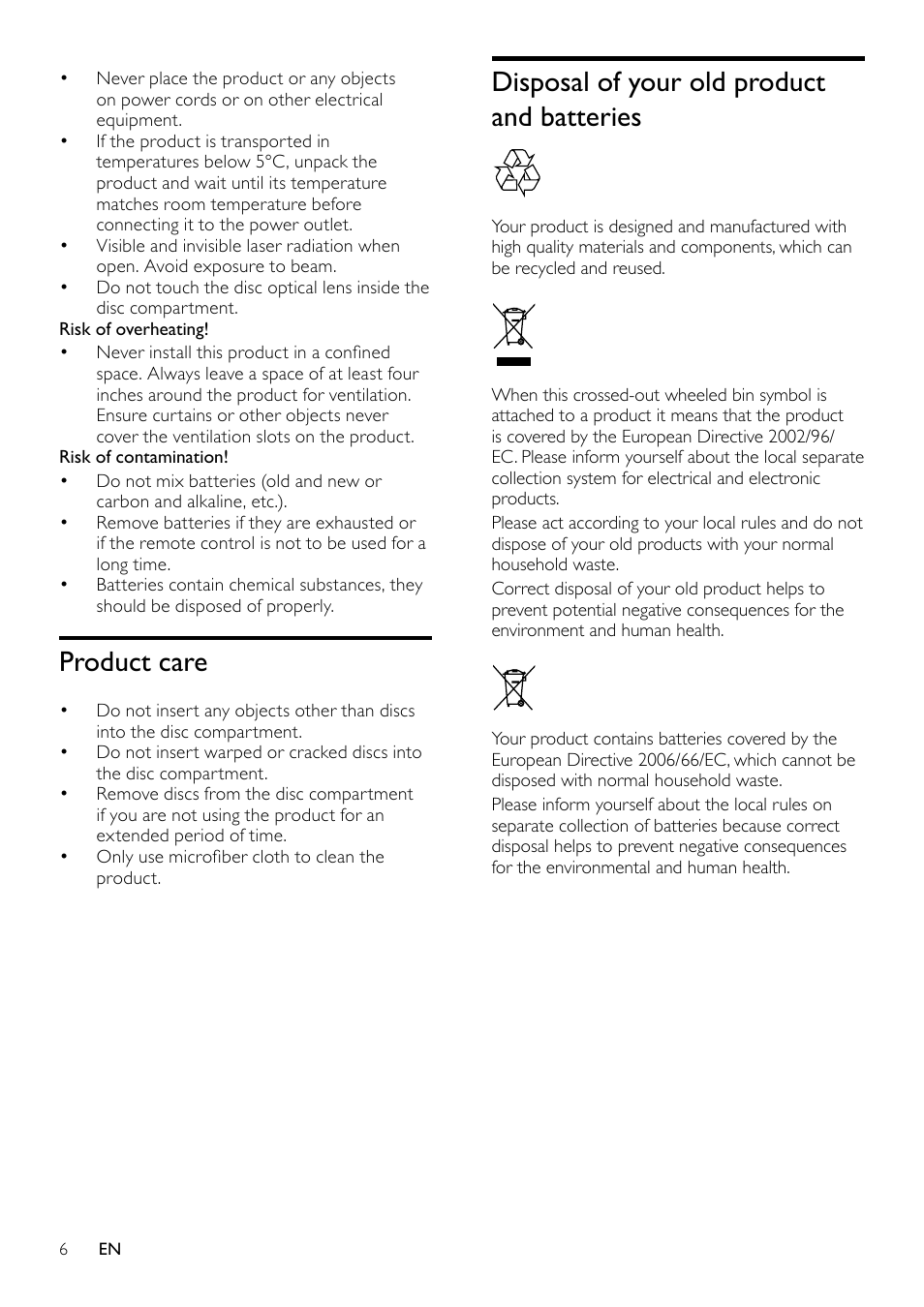 2 important, Safety, Product care | Disposal of your old product and batteries | Philips HTS3510 User Manual | Page 6 / 22