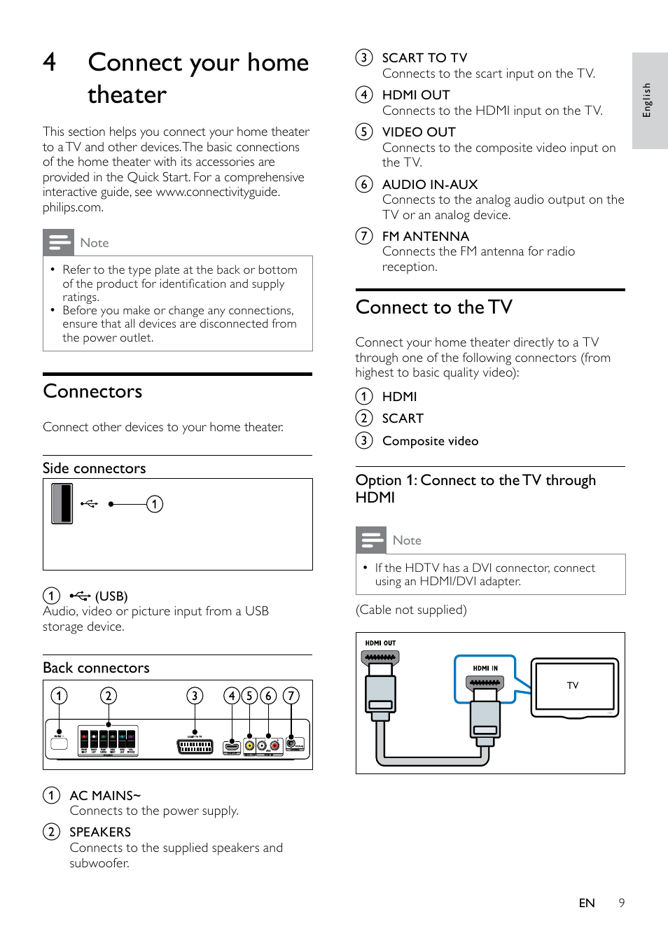 4 connect your home theater, Connectors, Connect to the tv | Philips HTS3510 User Manual | Page 9 / 22