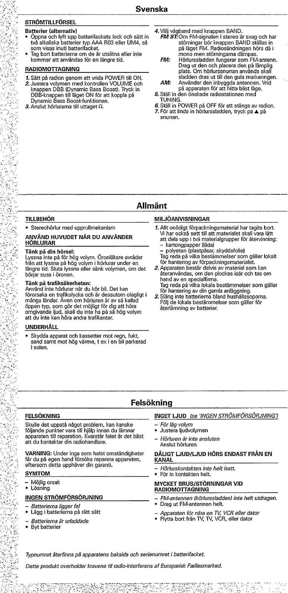 Svenska, Alimänt, Felsökning | Philips AE6545/00S User Manual | Page 5 / 5