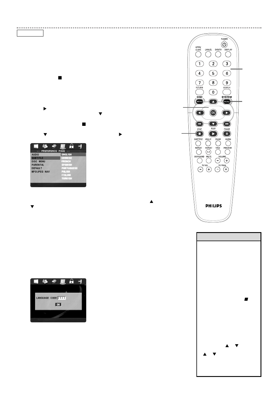 26 dvd subtitle language | Philips DVD727 User Manual | Page 26 / 52
