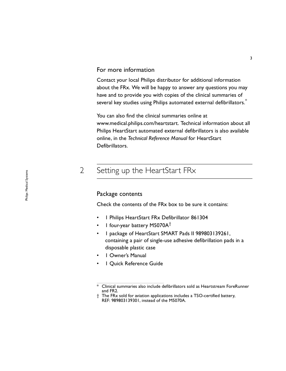 2setting up the heartstart frx, For more information, Package contents | Philips 861304 User Manual | Page 11 / 64