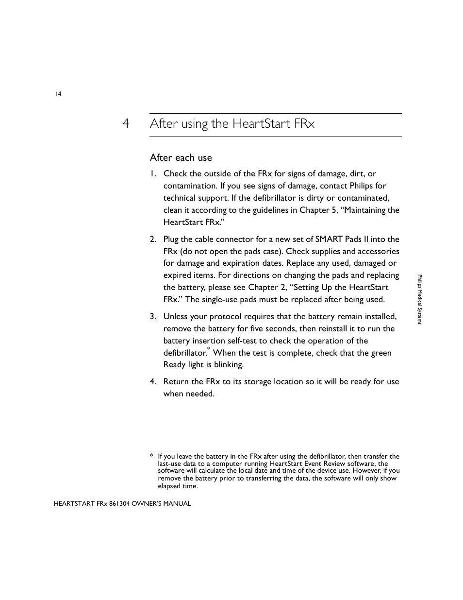 4after using the heartstart frx, After each use | Philips 861304 User Manual | Page 22 / 64