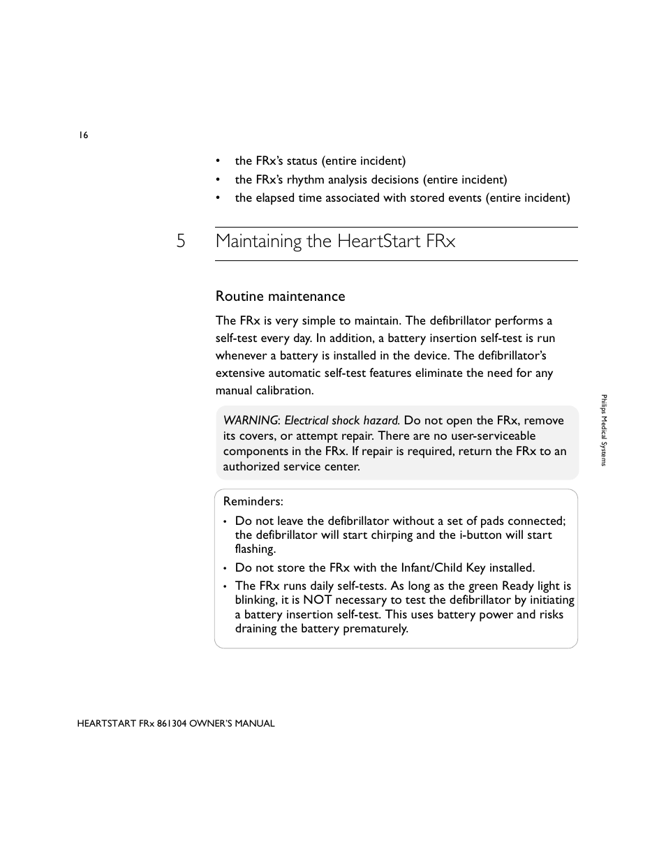 5maintaining the heartstart frx, Routine maintenance | Philips 861304 User Manual | Page 24 / 64