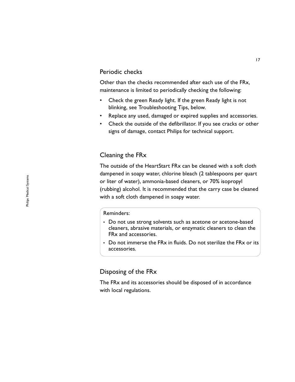 Periodic checks, Cleaning the frx, Disposing of the frx | Philips 861304 User Manual | Page 25 / 64