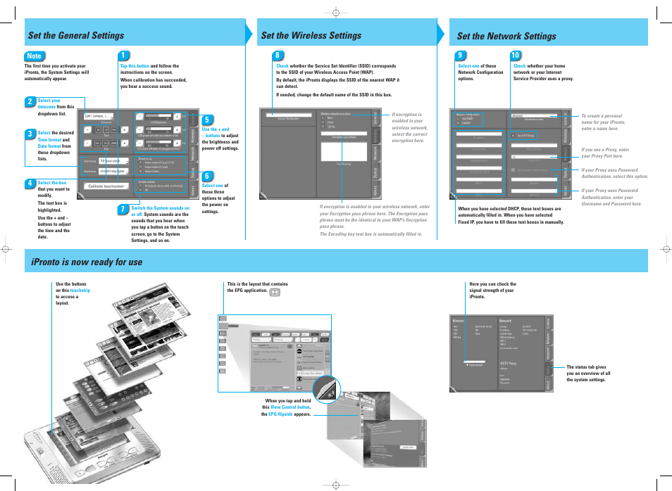 Ipronto is now ready for use, Set the network settings, Set the general settings | Set the wireless settings | Philips PDA User Manual | Page 2 / 2