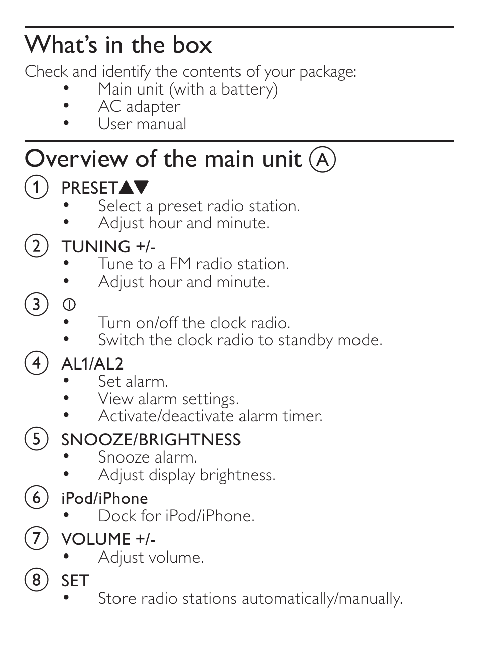 What’s in the box, Overview of the main unit | Philips AJ7030D User Manual | Page 10 / 26