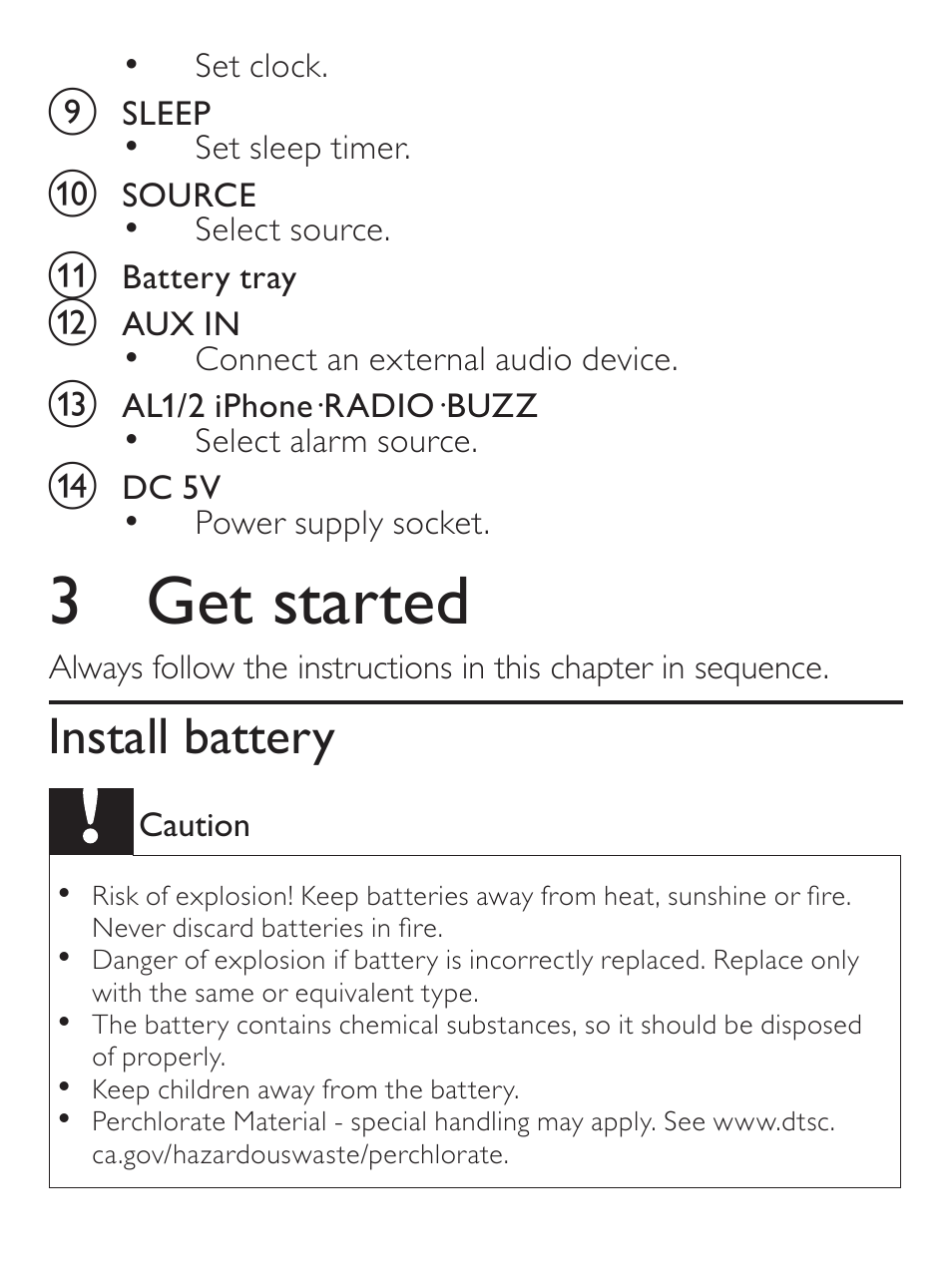 3 get started, Install battery | Philips AJ7030D User Manual | Page 11 / 26