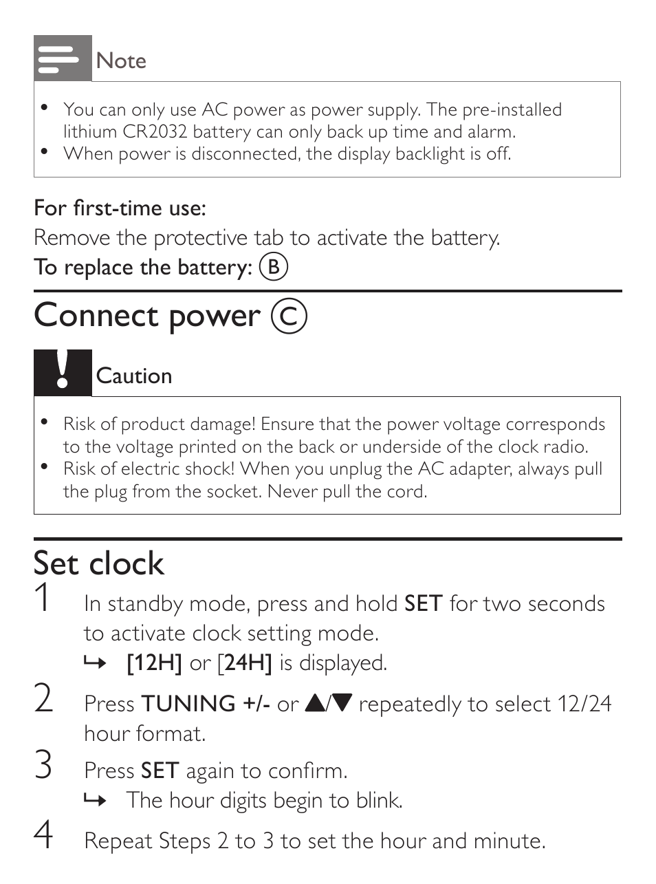 Connect power, Set clock | Philips AJ7030D User Manual | Page 12 / 26