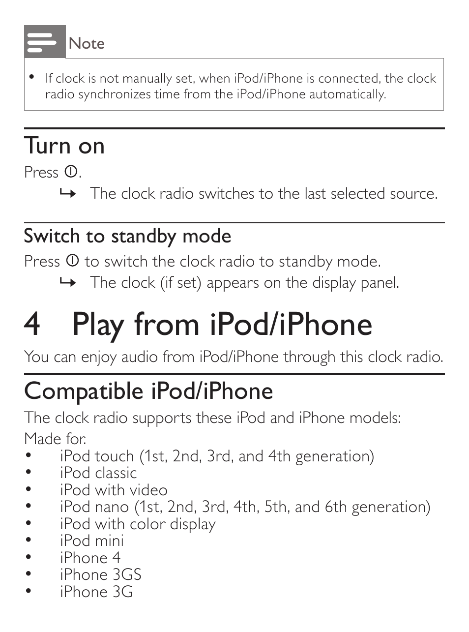 4 play from ipod/iphone, Turn on, Compatible ipod/iphone | Switch to standby mode | Philips AJ7030D User Manual | Page 13 / 26