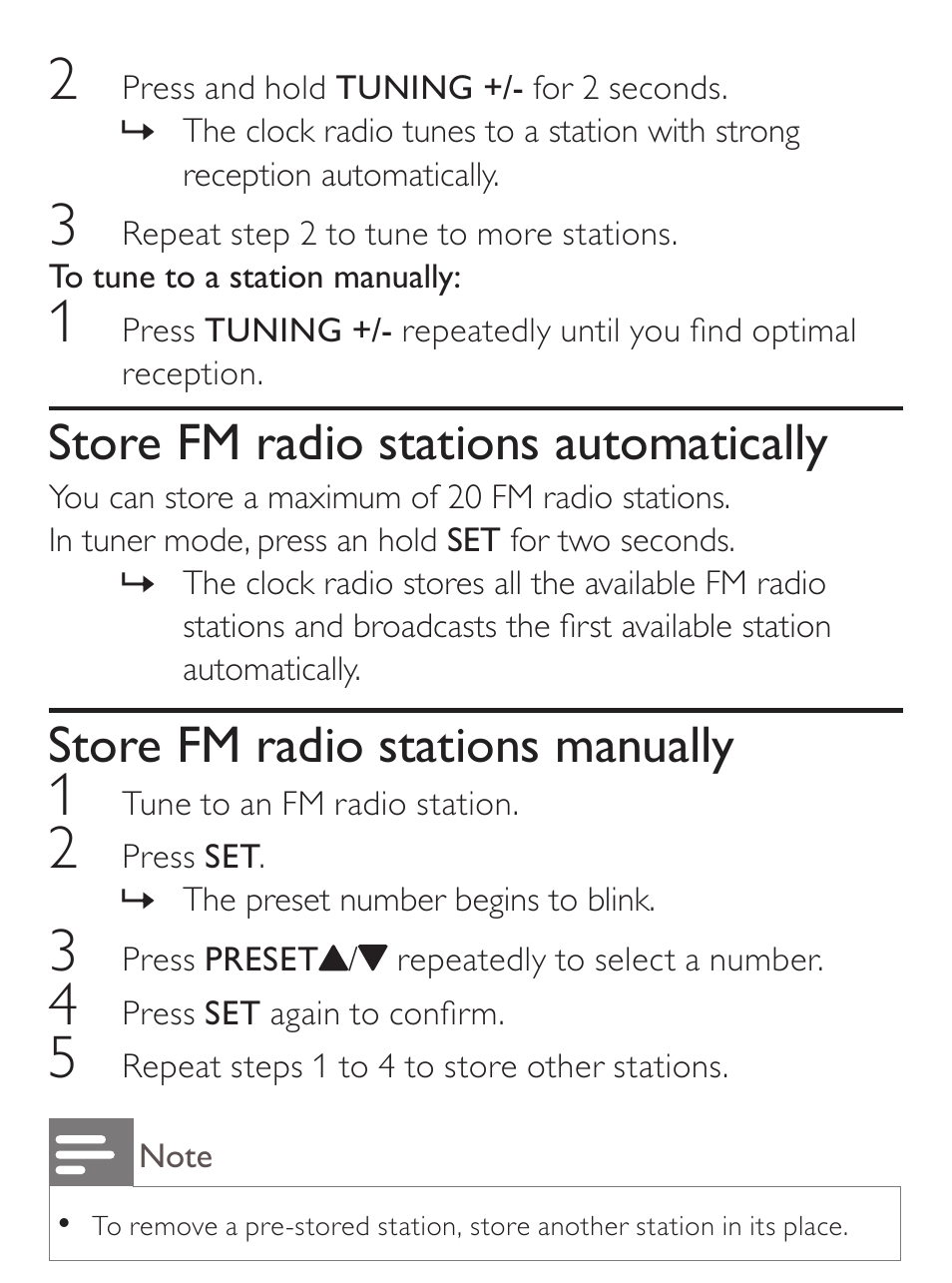 Store fm radio stations automatically, Store fm radio stations manually | Philips AJ7030D User Manual | Page 15 / 26