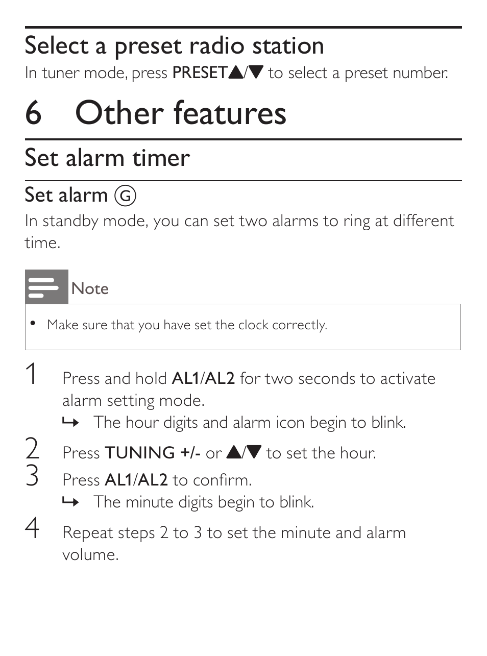 6 other features, Select a preset radio station, Set alarm timer | Philips AJ7030D User Manual | Page 16 / 26