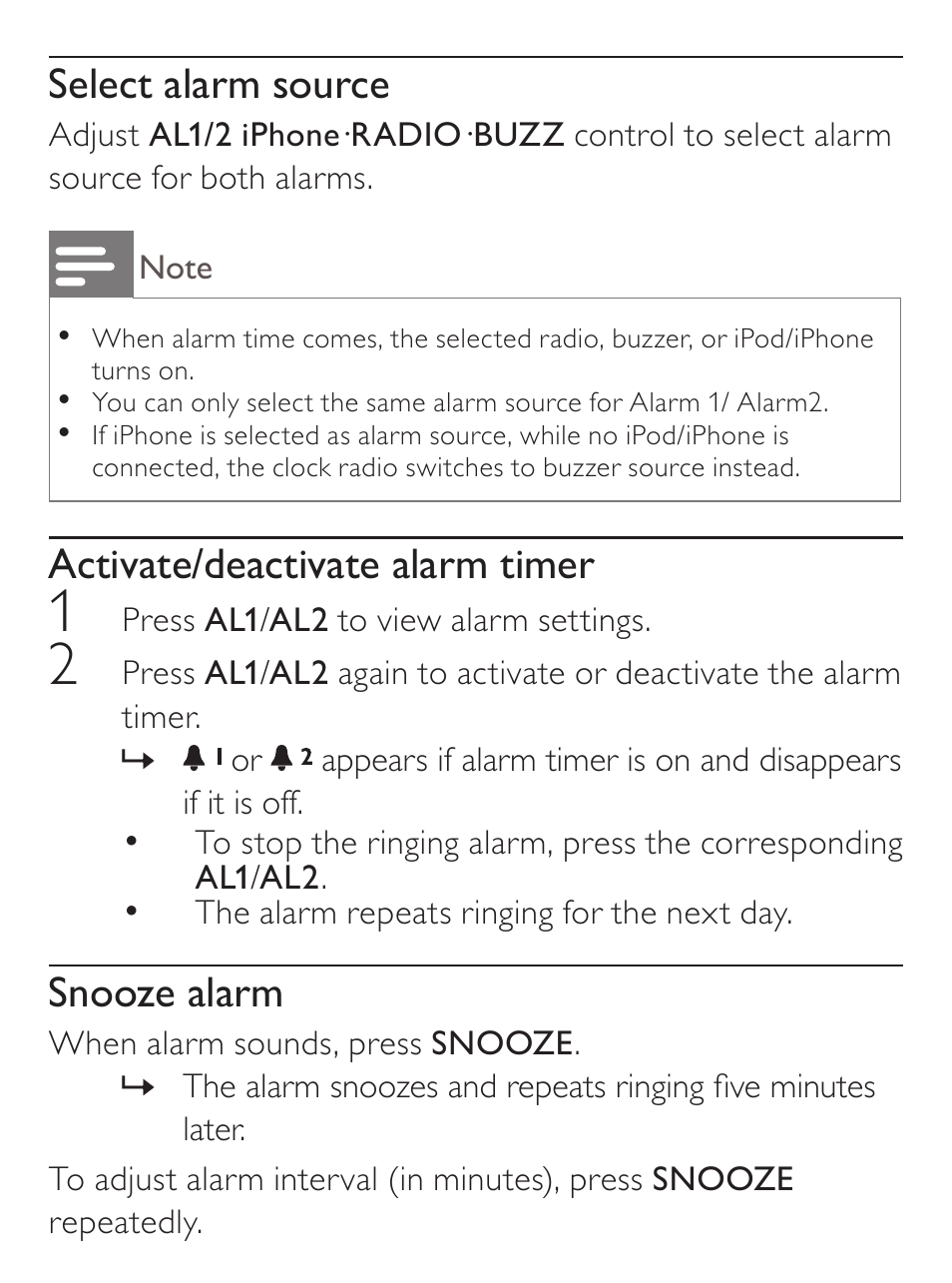 Select alarm source, Activate/deactivate alarm timer, Snooze alarm | Philips AJ7030D User Manual | Page 17 / 26