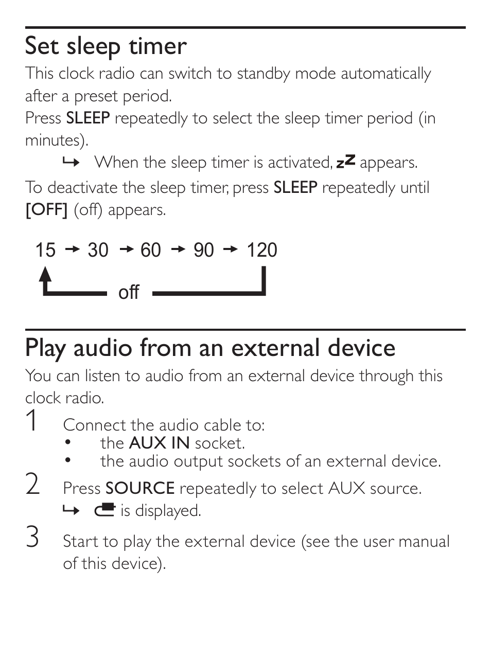 Set sleep timer, Play audio from an external device | Philips AJ7030D User Manual | Page 18 / 26