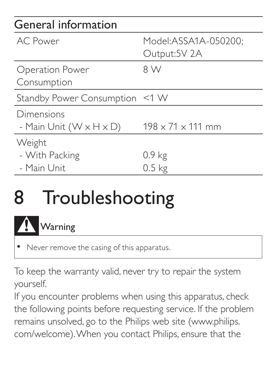 8 troubleshooting, General information | Philips AJ7030D User Manual | Page 20 / 26