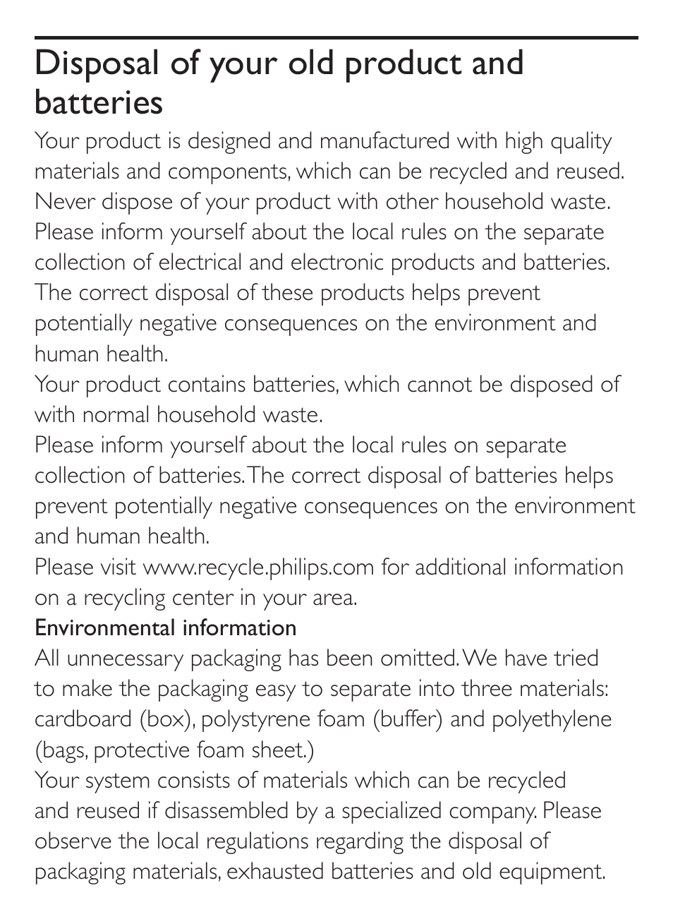 Disposal of your old product and batteries | Philips AJ7030D User Manual | Page 22 / 26