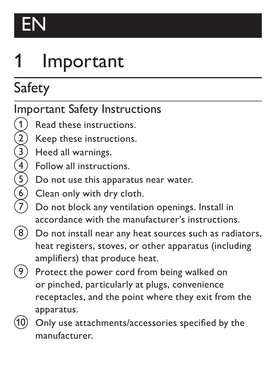 En 1 important, Safety | Philips AJ7030D User Manual | Page 7 / 26