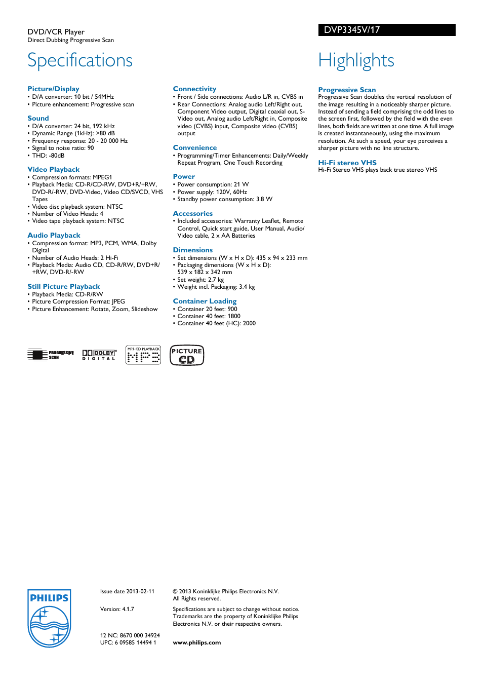 Specifications, Highlights | Philips DVP3345Vs User Manual | Page 2 / 2