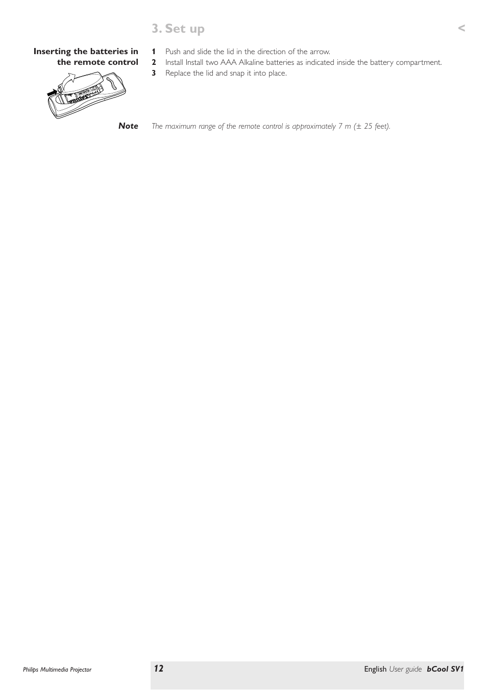 Inserting the batteries in the remote control, Set up | Philips SV1 User Manual | Page 12 / 36