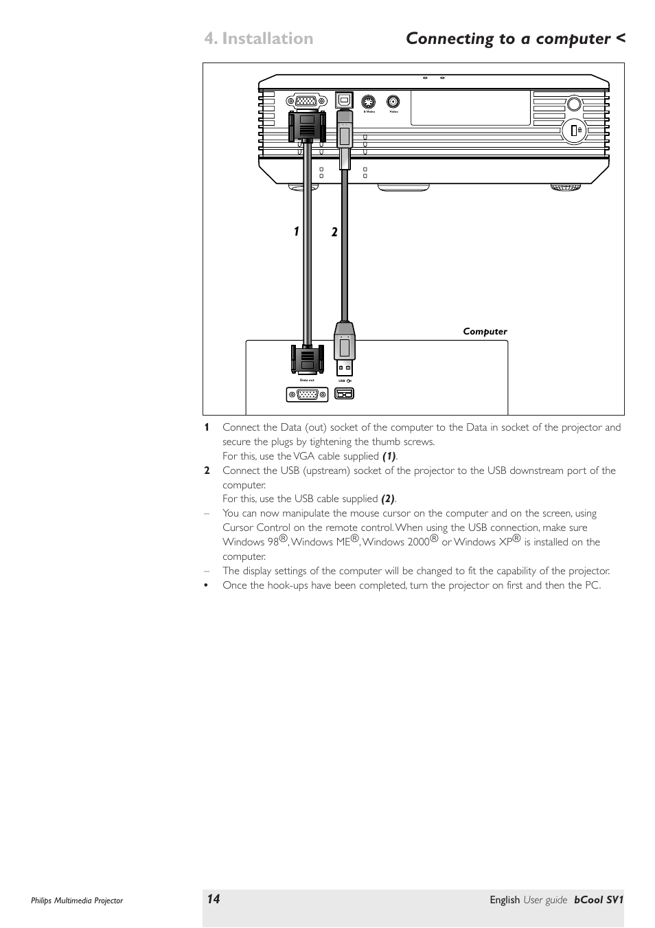 Connecting to a computer, Installation | Philips SV1 User Manual | Page 14 / 36