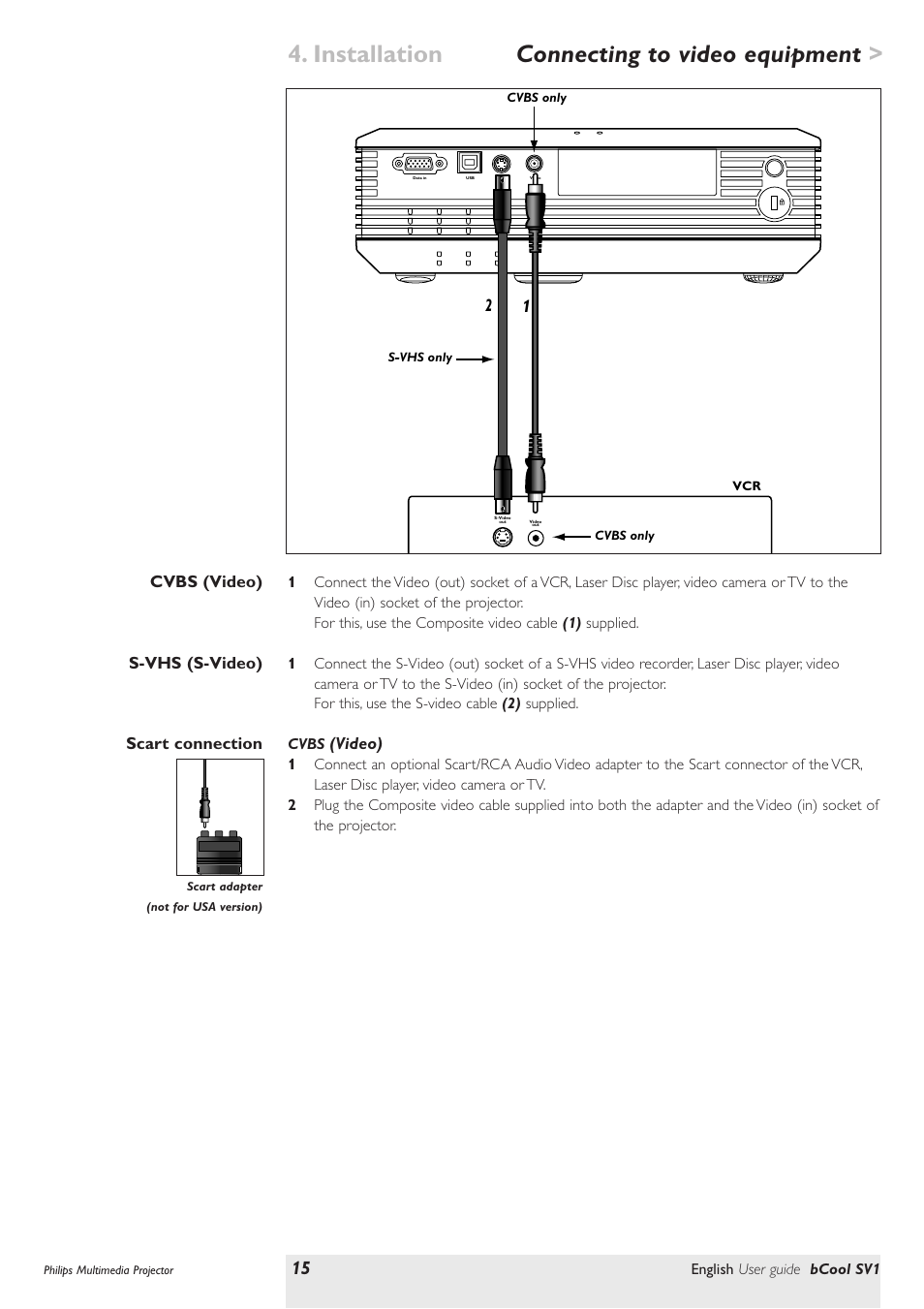 Connecting to video equipment, Cvbs video, S-vhs s-video | Scart connection, Installation | Philips SV1 User Manual | Page 15 / 36