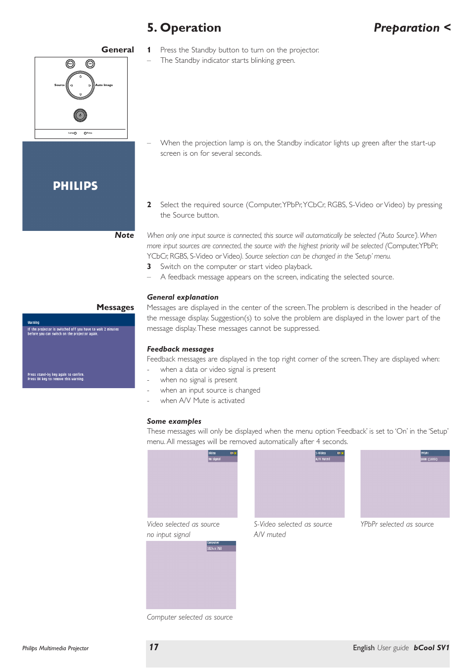 Operation, Preparation, General | Messages, General explanation, Feedback messages, Some examples | Philips SV1 User Manual | Page 17 / 36