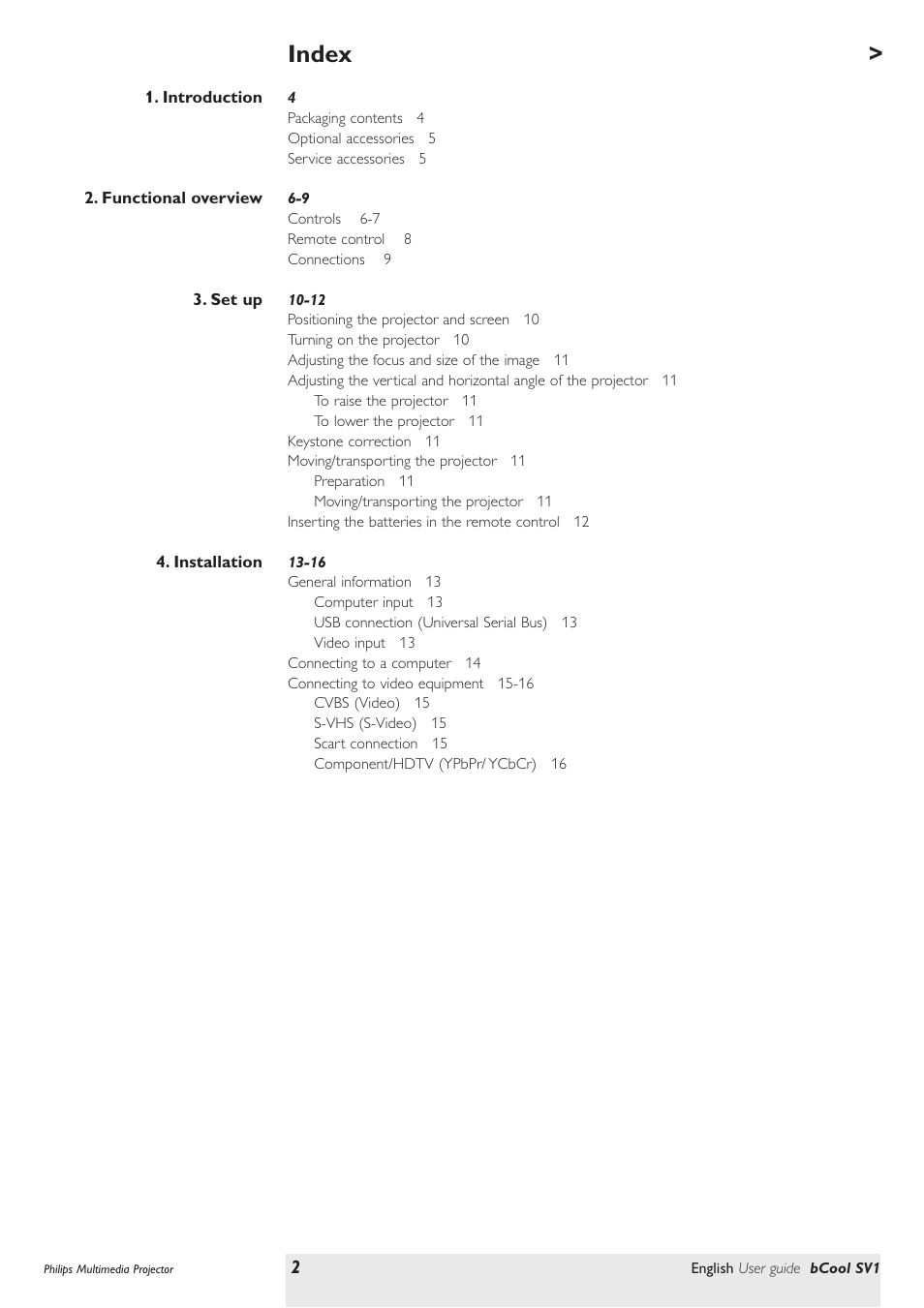 Index | Philips SV1 User Manual | Page 2 / 36