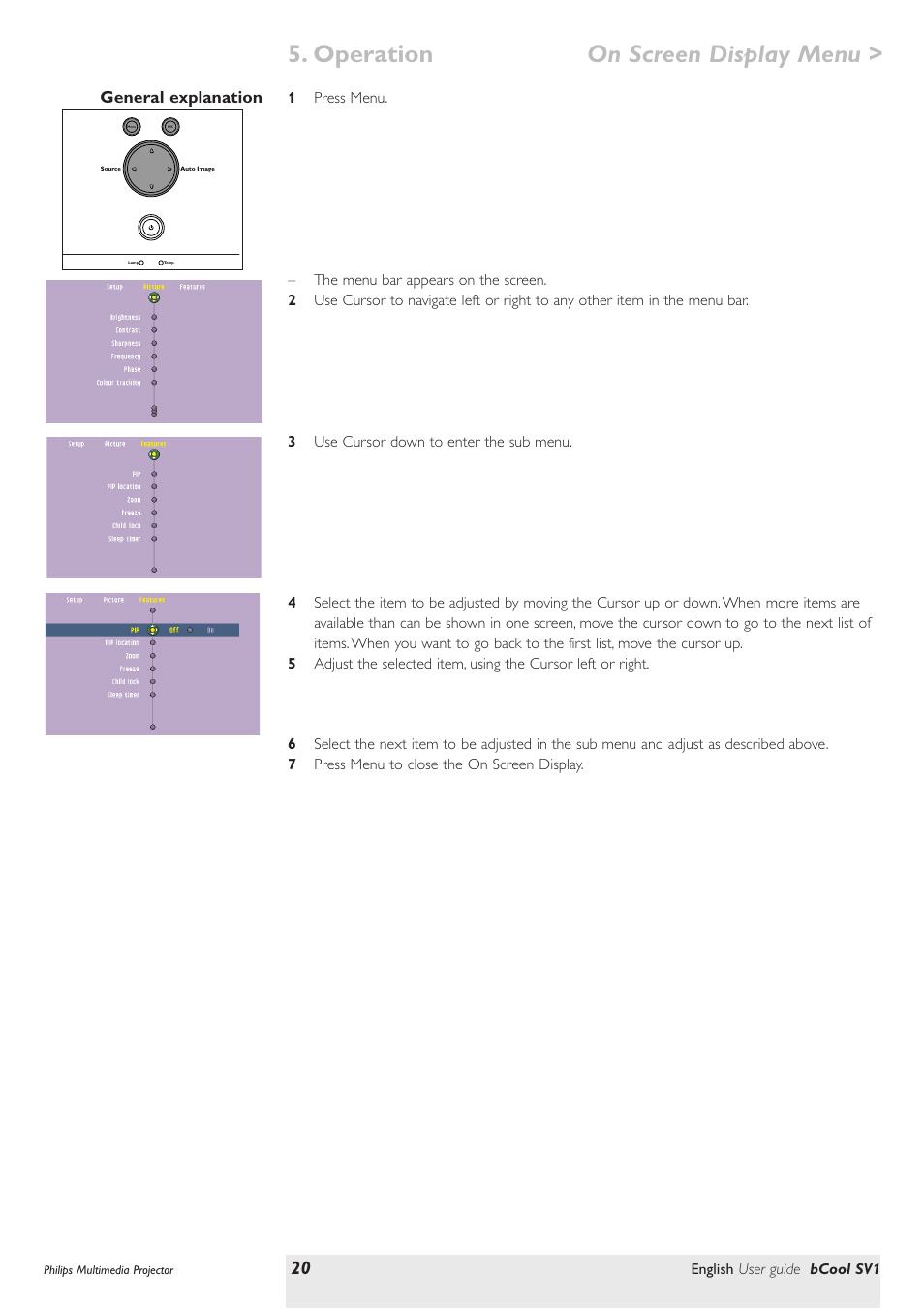 General explanation, Operation on screen display menu | Philips SV1 User Manual | Page 20 / 36