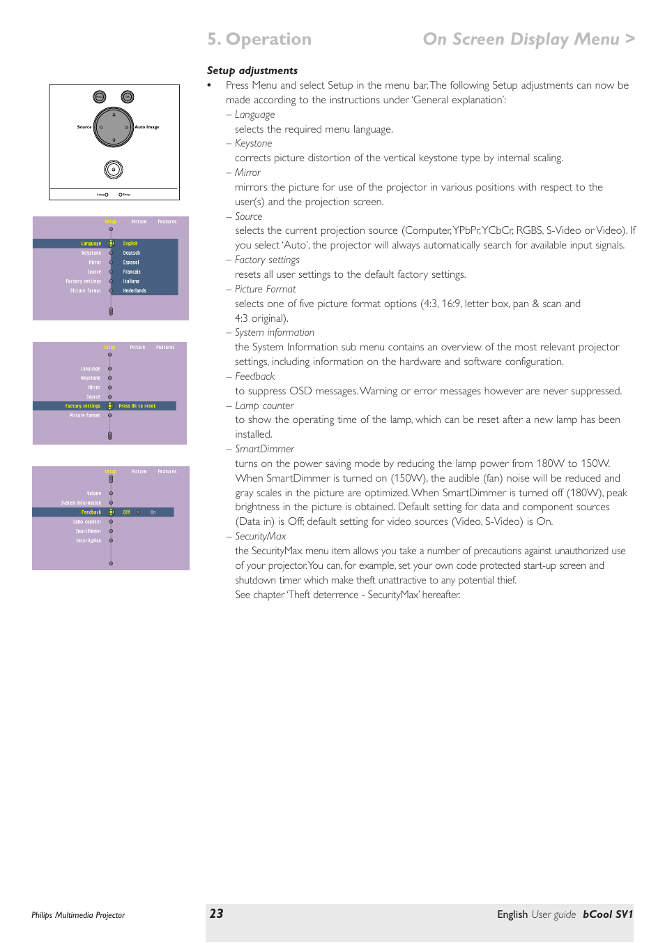 Setup adjustments, Operation on screen display menu | Philips SV1 User Manual | Page 23 / 36