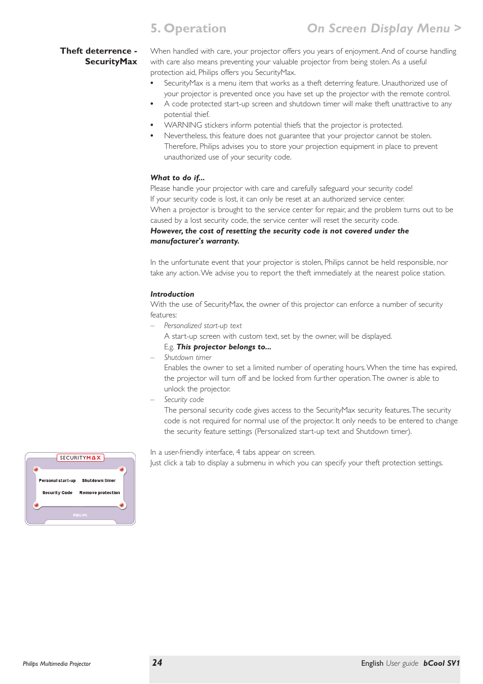 Theft deterrence - securitymax, What to do if, Introduction | Operation on screen display menu | Philips SV1 User Manual | Page 24 / 36