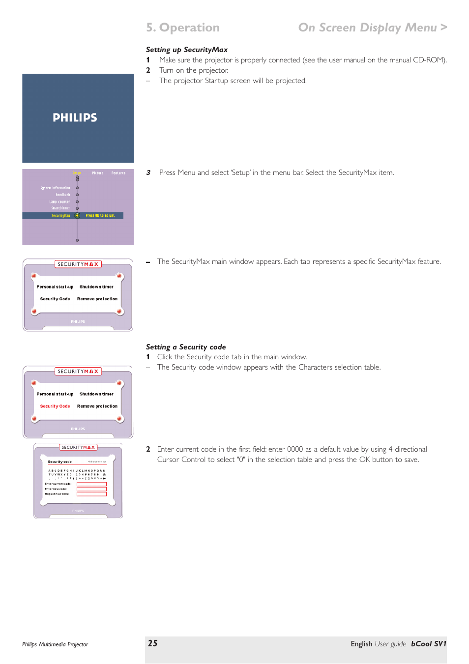 Setting up securitymax, Setting a security code, Operation on screen display menu | Philips SV1 User Manual | Page 25 / 36