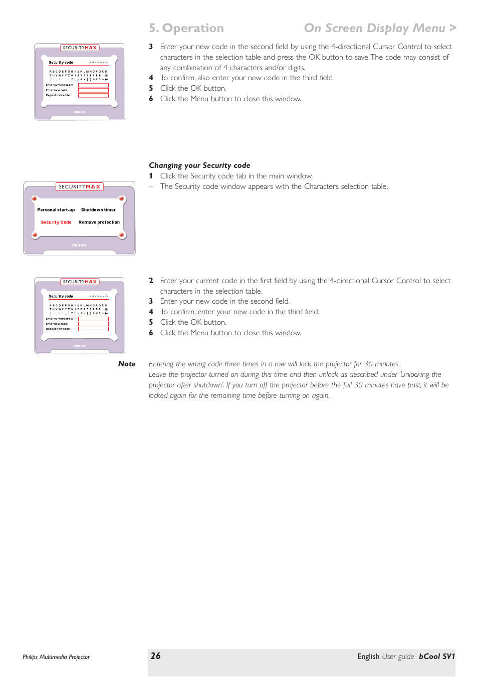 Changing your security code, Operation on screen display menu | Philips SV1 User Manual | Page 26 / 36