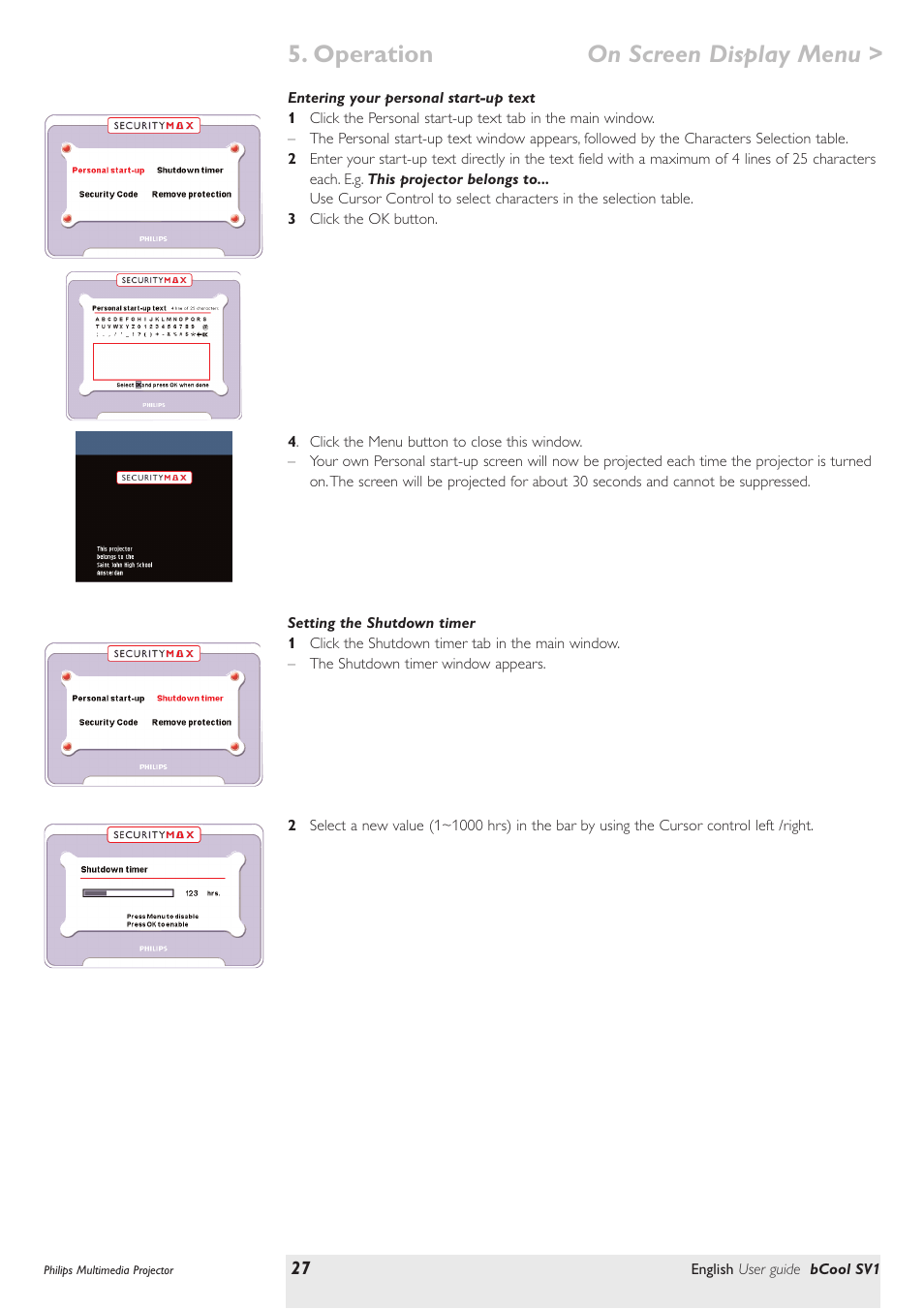 Entering your personal start-up text, Setting the shutdown timer, Operation on screen display menu | Philips SV1 User Manual | Page 27 / 36