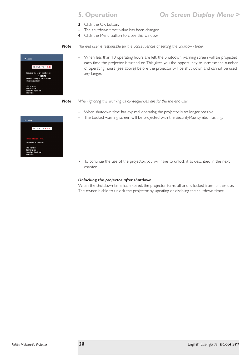 Unlocking the projector after shutdown, Operation on screen display menu | Philips SV1 User Manual | Page 28 / 36