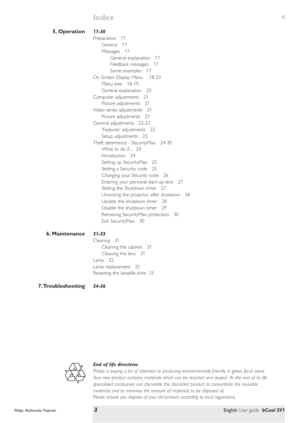 Index | Philips SV1 User Manual | Page 3 / 36