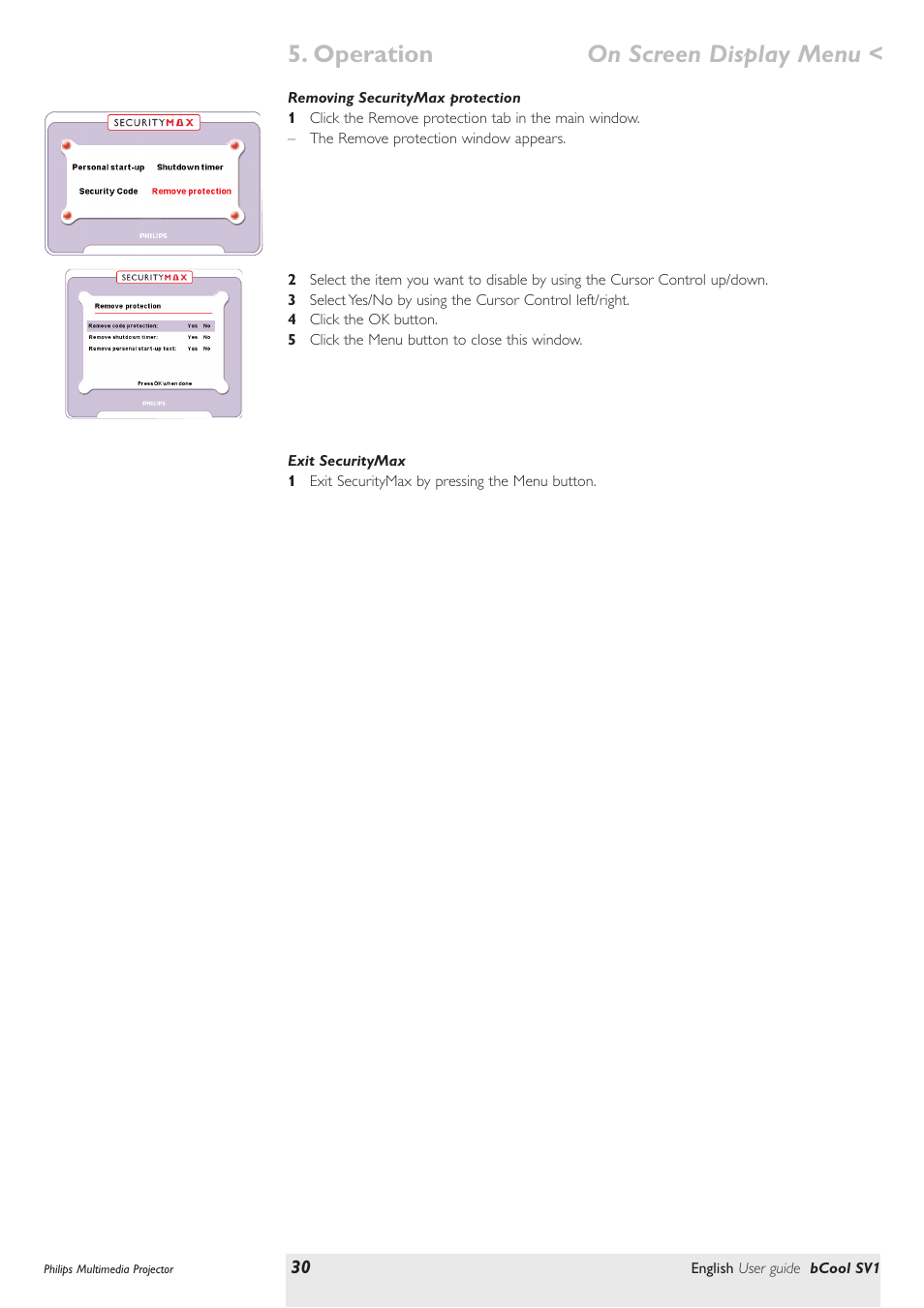 Removing securitymax protection, Exit securitymax, Operation on screen display menu | Philips SV1 User Manual | Page 30 / 36