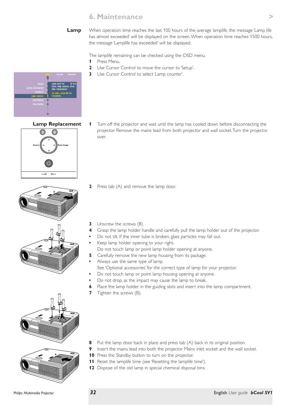 Lamp, Lamp replacement, Maintenance | Lamp lamp replacement | Philips SV1 User Manual | Page 32 / 36