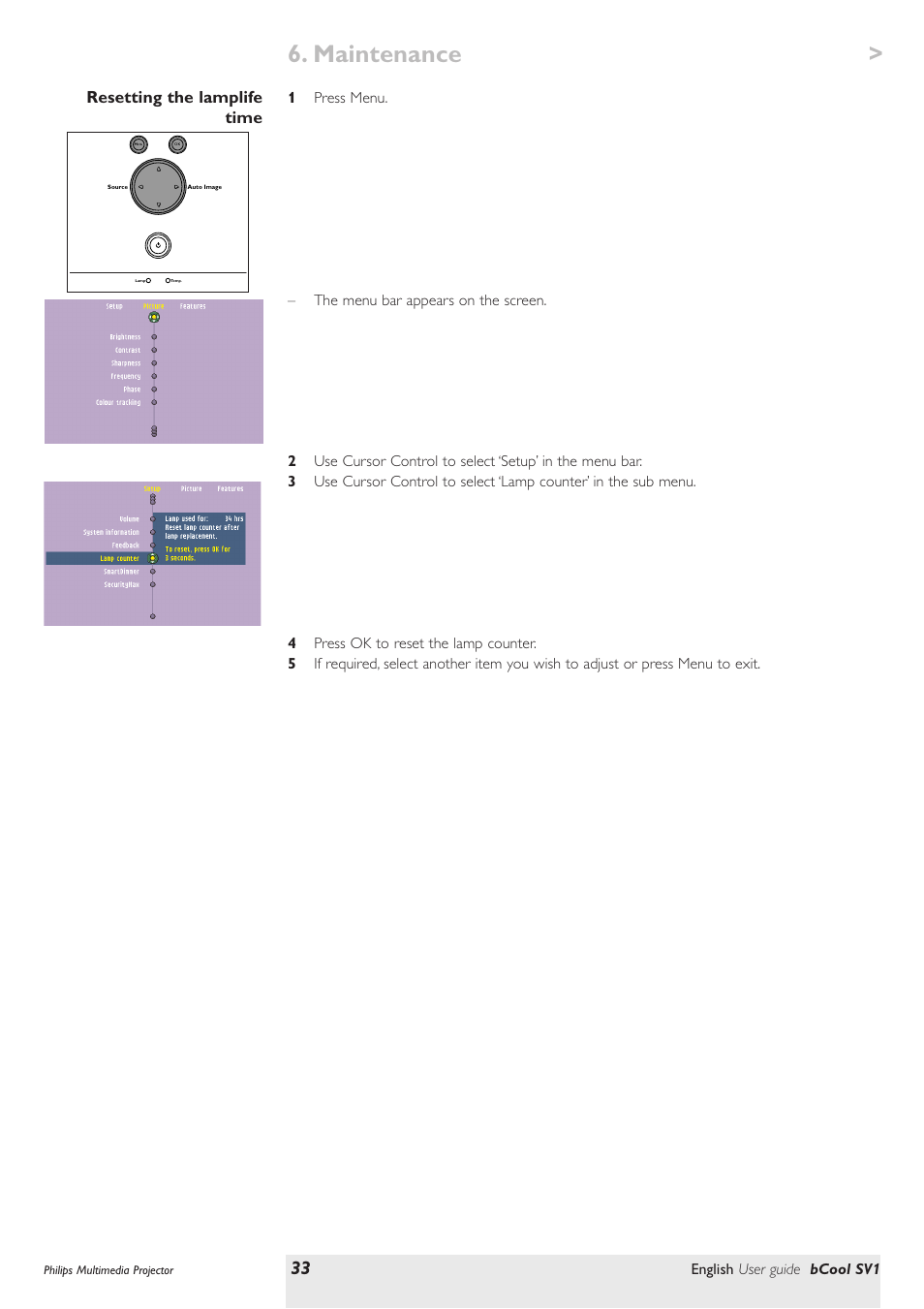 Resetting the lamplife time, Maintenance, English user guide bcool sv1 | Philips SV1 User Manual | Page 33 / 36