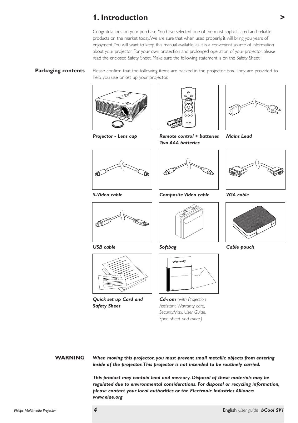 Introduction, Packaging contents | Philips SV1 User Manual | Page 4 / 36