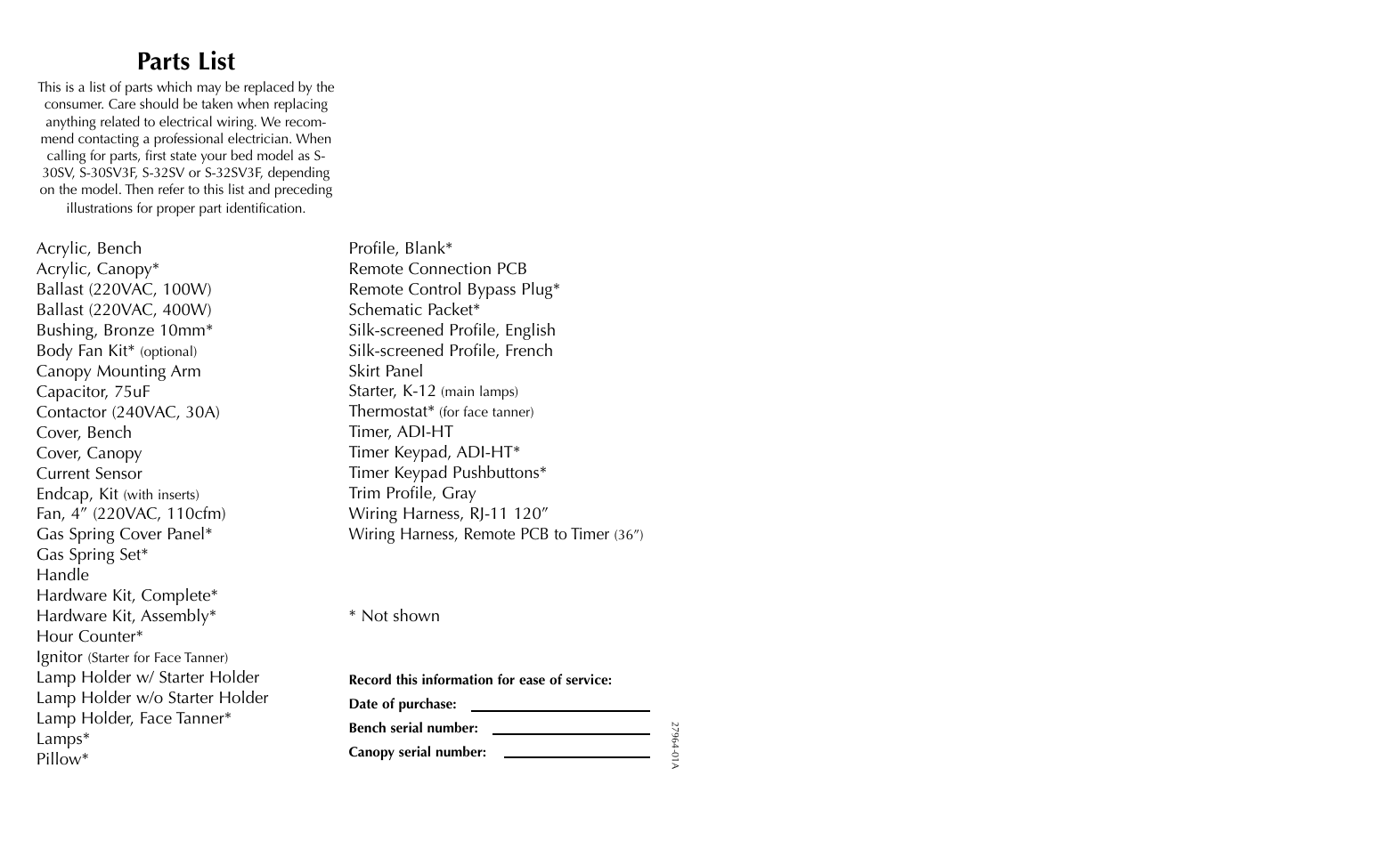 Parts list | Philips 27964-01A User Manual | Page 34 / 36